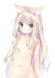 Rule 34 | 1girl, animal ear fluff, animal ears, arm at side, blonde hair, blue eyes, blush, breasts, cat ears, closed mouth, groin, hair between eyes, hair censor, hair over breasts, hamaru (s5625t), highres, long hair, looking at viewer, navel, nude, original, out-of-frame censoring, simple background, small breasts, solo, v-shaped eyebrows, very long hair, white background