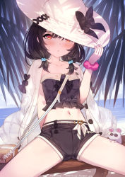 Rule 34 | 1girl, arm behind back, bag, black bow, black hair, black shirt, black shorts, blush, bow, breasts, closed mouth, crop top, granblue fantasy, hair between eyes, hair bobbles, hair ornament, hand on headwear, hat, hat bow, highres, jacket, jacket on shoulders, long hair, looking at viewer, low twintails, midriff, mouse (animal), navel, red eyes, scrunchie, shirt, short shorts, short twintails, shorts, shoulder bag, sitting, small breasts, solo, spread legs, strapless, strapless shirt, sun hat, twintails, vikala (granblue fantasy), white hat, white jacket, wrist scrunchie, yellowpaint.
