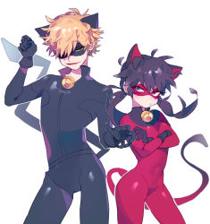 Rule 34 | 1boy, 1girl, adrien agreste, animal ears, bell, belt, black hair, blonde hair, blue eyes, bodysuit, cat ears, chat noir, colored sclera, cowboy shot, crossed arms, domino mask, fake animal ears, fang, frown, green sclera, hair over one eye, highres, ladybug (character), looking at another, marinette dupain-cheng, mask, miraculous ladybug, open mouth, paw pose, sharp nails, simple background, sweat, sweatdrop, tsurime, twintails, vivinos, white background, yellow eyes