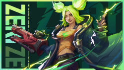 Rule 34 | blue jacket, bolt, brown gloves, brown pants, character name, electricity, electrokinesis, finger gun, fingerless gloves, gloves, green eyes, green hair, gun, highres, holding, holding gun, holding weapon, jacket, league of legends, lightning bolt symbol, midriff, one eye closed, open clothes, open jacket, pants, parted bangs, tank top, twintails, weapon, yellow tank top, yupv5, zeri (league of legends)
