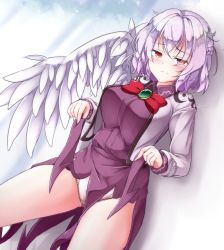 Rule 34 | 1girl, aka tawashi, blush, bow, bowtie, braid, breasts, brooch, clothes lift, commentary request, cowboy shot, dress, dress lift, dutch angle, feathered wings, french braid, grey background, grey jacket, hair between eyes, highres, jacket, jewelry, kishin sagume, large breasts, lifted by self, long sleeves, looking at viewer, open clothes, open jacket, panties, red bow, red bowtie, red eyes, shadow, short hair, silver hair, single wing, solo, standing, thighs, touhou, underwear, white panties, white wings, wing collar, wings