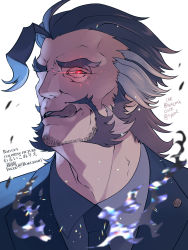 Rule 34 | 1boy, ahoge, blue hair, collaboration, daikoku (housamo), dark blue hair, facial hair, forked eyebrows, formal, glowing, glowing eye, highres, josh rayda, licking lips, looking at viewer, male focus, manly, medium hair, multicolored hair, mustache, necktie, red eyes, rybiok, sideburns, solo, thick eyebrows, tokyo houkago summoners, tongue, tongue out, two-tone hair, upper body