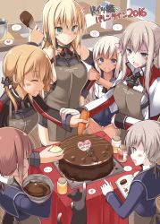 Rule 34 | 10s, 6+girls, :d, anchor, anchor hair ornament, apron, bismarck (kancolle), blonde hair, blue eyes, blush, blush stickers, book, bowl, breasts, cake, carrot, cat, chocolate, chocolate cake, covered navel, crop top, dress, flower, food, german text, graf zeppelin (kancolle), green eyes, hair flower, hair ornament, heart, highres, kantai collection, large breasts, long hair, low twintails, military, military uniform, mixing bowl, multiple girls, musical note, no headwear, no headwear, ohta yuichi, onion, open mouth, ponytail, prinz eugen (kancolle), quaver, red hair, ro-500 (kancolle), sailor collar, sailor dress, school swimsuit, short hair, sideboob, silver hair, smile, spatula, spoken flower, spoken heart, spoken musical note, spoken sweatdrop, sweatdrop, swimsuit, swimsuit under clothes, tan, tanline, twintails, uniform, unsinkable sam, valentine, z1 leberecht maass (kancolle), z3 max schultz (kancolle)