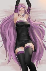 Rule 34 | 1girl, armpits, arms up, blush, breasts, collarbone, dakimakura (medium), detached sleeves, dress, facial mark, fate/stay night, fate (series), forehead mark, highres, hikichi sakuya, long hair, looking at viewer, lying, medium breasts, medusa (fate), medusa (rider) (fate), on back, on bed, purple eyes, purple hair, rectangular pupils, solo, strapless, strapless dress, sweat, thighhighs, very long hair