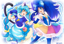 Rule 34 | 2girls, :d, animal ears, aqua hair, artist name, black choker, blue choker, blue gloves, blue hair, blue skirt, blush, bubble skirt, cat ears, cat tail, choker, color connection, commentary request, cosplay, costume switch, cure cosmo, cure gelato, earrings, elbow gloves, eyelashes, fur, fur-trimmed gloves, fur trim, gloves, hair ornament, half updo, happy, highres, in-franchise crossover, jewelry, kirakira precure a la mode, long hair, looking at another, magical girl, multiple girls, nijigami rin, open mouth, precure, skirt, smile, standing, star twinkle precure, tail, tategami aoi, thighhighs, thighs, trait connection, twintails, twitter username, very long hair, yellow eyes, yuni (precure)