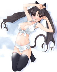 Rule 34 | 1girl, aka ume, animal ears, armpits, breasts, cat ears, cat tail, cleavage, front-tie top, fundoshi, huge breasts, japanese clothes, mizu happi, solo, tail, thighhighs, tsundere, twintails