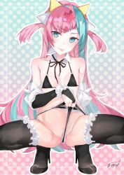 Rule 34 | 1girl, :p, arm behind back, bare shoulders, black bra, black footwear, black panties, black ribbon, black thighhighs, blue background, blue hair, blush, bra, bridal gauntlets, collarbone, detached collar, diagonal bangs, flat chest, frilled thighhighs, frills, frontal wedgie, furisuku, gradient background, hair ornament, high heels, highres, lifting own clothes, long hair, looking at viewer, multicolored hair, neck ribbon, panties, panty lift, partially visible vulva, pink background, pink hair, pinky pop hepburn, polka dot, polka dot background, ribbon, signature, solo, spread legs, squatting, the moon studio, thighhighs, tongue, tongue out, two-tone hair, two side up, underwear, underwear only, v-shaped eyebrows, very long hair, virtual youtuber, wedgie, x hair ornament