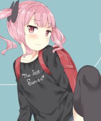 Rule 34 | 1girl, black shirt, black thighhighs, blush, clothes writing, collarbone, commentary request, english text, green background, gyuunyuunomio7, hair ornament, looking at viewer, original, pink eyes, pink hair, red bag, shirt, simple background, solo, thighhighs, twintails