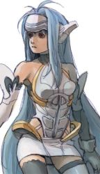 Rule 34 | 1girl, android, bare shoulders, blue hair, breasts, commentary request, elbow gloves, expressionless, forehead protector, gloves, homa, kos-mos, leotard, long hair, lowres, red eyes, solo, standing, thighhighs, very long hair, xenosaga