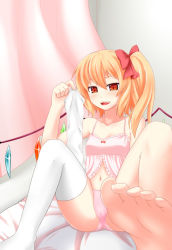 Rule 34 | 1girl, aka no hotaru, babydoll, bare legs, bare shoulders, barefoot, blonde hair, blush, bow, fang, feet, female focus, flandre scarlet, foot focus, hair bow, navel, no headwear, no headwear, no shoes, open mouth, panties, pink panties, red eyes, short hair, side ponytail, single thighhigh, smile, soles, solo, thighhighs, unworn thighhighs, toes, touhou, underwear, underwear only, white thighhighs, wings
