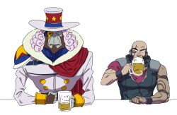Rule 34 | 2boys, alcohol, armor, asymmetrical clothes, beard, beer, beer mug, clenched hand, cowboy bebop, creator connection, crossover, crying, cup, dr. gel, drinking, facial hair, hat, jet black, jinou rakugaki, looking at another, male focus, mug, multiple boys, purple hair, scar, shoulder armor, simple background, top hat, upper body, white background