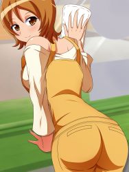 Rule 34 | 10s, 1girl, aokura shou, ass, bare shoulders, brown eyes, brown hair, casual, cleaning, cleaning windows, dustcloth, happinesscharge precure!, highres, indoors, leaning forward, looking at viewer, looking back, oomori yuuko, overalls, precure, short hair, smile, solo, window