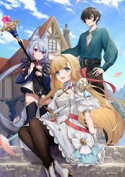 Rule 34 | 1boy, 2girls, animal ear fluff, animal ears, black hair, blonde hair, blue eyes, blue hair, blue ribbon, closed mouth, copyright request, cover, cover page, day, dress, gloves, hair ribbon, highres, holding, holding staff, light blue hair, long hair, looking at viewer, multiple girls, novel cover, novel illustration, official art, open mouth, pantyhose, petals, pink eyes, red eyes, ribbon, sitting, smile, staff, standing, usuke (u skeeep), white dress, white gloves, white legwear