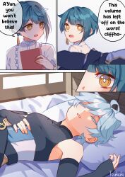 Rule 34 | 2boys, 2koma, absurdres, ahoge, asymmetrical bangs, bishounen, black bodysuit, blue hair, blush, bodysuit, book, chinese clothes, chongyun (genshin impact), closed eyes, comic, commentary, earrings, english commentary, english text, fingerless gloves, frilled shirt collar, frills, genshin impact, gloves, hair between eyes, highres, holding, holding book, jewelry, long sleeves, looking at another, lying, male focus, multiple boys, on back, on bed, open clothes, open mouth, pillow, ribbon, short hair, simple background, single earring, sleeping, speech bubble, staring, talking, tassel, tassel earrings, tsukiaki teriyaki, upper body, xingqiu (genshin impact), yellow eyes