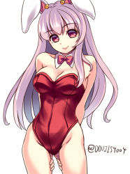 Rule 34 | 1girl, animal ears, arms behind back, bad id, bad pixiv id, bare shoulders, breasts, cleavage, gorota, large breasts, leotard, long hair, playboy bunny, purple hair, rabbit ears, red eyes, reisen udongein inaba, solo, touhou, white background
