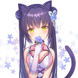 Rule 34 | 1girl, animal ears, bare shoulders, breasts, cat ears, cat girl, cat tail, cleavage, cleavage cutout, clothing cutout, covering own mouth, double bun, dress, floral background, flower, frilled dress, frills, gloves, hair bun, hair ornament, head tilt, holding, large breasts, long hair, looking at viewer, original, pink dress, purple flower, purple hair, rk (rktorinegi), sleeveless, sleeveless dress, solo, tail, tail raised, twintails, upper body, white background, white gloves, yellow eyes