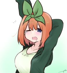 Rule 34 | 1girl, arm behind head, arms up, blue eyes, blush, breasts, collarbone, commentary request, drooling, eyebrows hidden by hair, go-toubun no hanayome, gradient background, green background, green jacket, green ribbon, green shirt, hair between eyes, hair ribbon, jacket, kujou karasuma, long sleeves, looking at viewer, medium breasts, nakano yotsuba, notice lines, one eye closed, open clothes, open jacket, open mouth, orange hair, ribbon, saliva, shirt, signature, solo, stretching, tears, waking up, white background