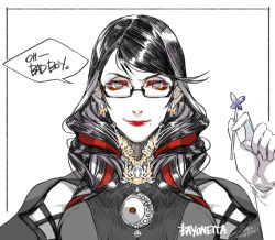 Rule 34 | 1girl, asymmetrical bangs, bayonetta, bayonetta (series), black hair, border, breasts, bug, butterfly, candy, character name, colored eyelashes, earrings, english text, food, glasses, gloves, hair ribbon, hiryuu (kugelcruor), holding, holding candy, holding food, holding lollipop, insect, jewelry, large breasts, lipstick, lollipop, long hair, looking at viewer, makeup, mole, mole under mouth, portrait, red ribbon, ribbon, signature, smile, solo, speech bubble, upper body, wavy hair, white background, white gloves