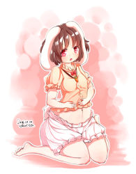 Rule 34 | 1girl, :o, animal ears, barefoot, belly, belly rub, bloomers, blush, bow, bowtie, breasts, brown hair, carrot necklace, floppy ears, furim, highres, inaba tewi, looking at viewer, navel, necklace, no nose, no pants, plump, rabbit ears, rabbit girl, rabbit tail, red eyes, short hair, sitting, small breasts, solo, tail, toes, touhou, undersized clothes, underwear, wariza