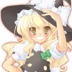 Rule 34 | 1girl, bad id, bad pixiv id, blonde hair, blush, chihiro4649, colorized, female focus, gotou nao, grin, hand on own hip, hat, kirisame marisa, smile, solo, touhou, upper body, witch, witch hat