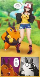 Rule 34 | 1girl, 1other, absurdres, ass, ass focus, bare legs, baseball cap, breasts, brown hair, creatures (company), curvy, english text, forest, full body, game freak, gen 1 pokemon, gen 5 pokemon, grass, hat, high ponytail, highres, hilda (pokemon), large breasts, long hair, looking at viewer, nature, nintendo, ohdax, pignite, pikachu, poke ball symbol, pokemon, pokemon bw, print shirt, sexually suggestive, shiny skin, shirt, short shorts, shorts, sky, standing, surprised, sweat, thinking, tree, very long hair, wide hips