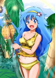 Rule 34 | 1girl, blue eyes, blue hair, blush, bracelet, cloud, coconut, day, fang, hairband, hayami persia, holding, jewelry, long hair, mahou no yousei persia, marimon m, matching hair/eyes, navel, open mouth, palm tree, panties, persia (mahou no yousei persia), sky, smile, solo, standing, star (symbol), striped clothes, striped panties, tank top, tree, underwear, underwear only, yellow panties
