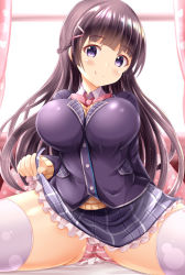 Rule 34 | 1girl, :q, backlighting, black skirt, blazer, blush, braid, breasts, brown hair, brown sweater, closed mouth, collared shirt, commentary request, curtains, day, frilled skirt, frills, gluteal fold, hair ornament, hairclip, highres, jacket, large breasts, long hair, long sleeves, nijisanji, panties, purple eyes, purple jacket, shirt, sitting, skirt, sleeves past wrists, smile, solo, spread legs, striped clothes, striped panties, sweater, thighhighs, tongue, tongue out, tsukino mito, tsukino mito (1st costume), underwear, very long hair, virtual youtuber, white shirt, white thighhighs, window, xenon (for achieve)