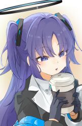 Rule 34 | 1girl, :o, absurdres, black gloves, blazer, blue archive, blush, chankuro, commentary, cup, disposable cup, gloves, halo, highres, holding, holding cup, jacket, long hair, purple eyes, solo, sweat, two side up, upper body, very long hair, yuuka (blue archive)