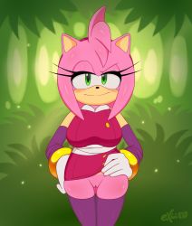 Rule 34 | 1girl, amy rose, blush, body blush, bottomless, breasts, clothes lift, excito, furry, gloves, gluteal fold, green eyes, hand on own hip, highres, large breasts, pussy, sega, shiny skin, short hair, skindentation, skirt, skirt lift, sonic (series), sonic boom (series), sonic (series), thigh gap, thighhighs, thighs