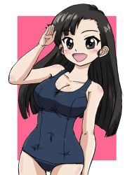 Rule 34 | 1girl, asymmetrical bangs, black eyes, black hair, black one-piece swimsuit, border, breasts, commentary, covered navel, cowboy shot, girls und panzer, gluteal fold, long hair, looking at viewer, medium breasts, nishi kinuyo, old school swimsuit, one-piece swimsuit, open mouth, outside border, pink background, salute, school swimsuit, smile, solo, standing, straight hair, swimsuit, takahashi kurage, textless version, white border
