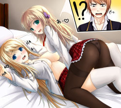 Rule 34 | 1boy, 2girls, ass, bed, bed sheet, black legwear, blonde hair, blue eyes, blush, breasts, caught, chloe lemaire, cyberagent, gayprince, girl on top, girlfriend (kari), green eyes, heart, highres, jealous, large breasts, long hair, looking at viewer, looking back, lying, mochizuki erena, multiple girls, no bra, on back, open clothes, open mouth, open shirt, panties, panties under pantyhose, pantyhose, saliva, shirt, short hair, skirt, thighband pantyhose, thighhighs, underwear, undressing, very long hair, walk-in, white legwear, yuri