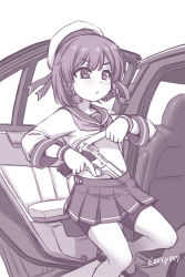 Rule 34 | 1girl, bike shorts, braid, car, clothes lift, ebifly, etorofu (kancolle), gun, handgun, hat, highres, holding, holding gun, holding weapon, kantai collection, lifting own clothes, long sleeves, monochrome, motor vehicle, parted lips, pleated skirt, purple theme, s&amp;w 5906, school uniform, serafuku, shirt lift, short hair, side braids, signature, simple background, skirt, smith &amp; wesson, solo, standing, trigger discipline, weapon, white background