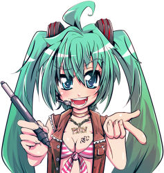 Rule 34 | 1girl, blue eyes, breasts, cleavage, fang, green hair, hatsune miku, jewelry, long hair, medium breasts, necklace, pen, simple background, solo, tanashi (mk2), twintails, vocaloid