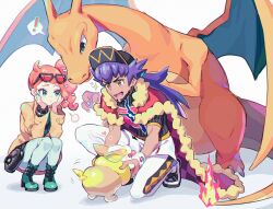Rule 34 | !, 1boy, 1girl, baseball cap, boots, cape, champion uniform, charizard, coat, creatures (company), dynamax band, eyewear on head, game freak, gen 1 pokemon, gen 8 pokemon, green eyes, hair ornament, hat, heart, heart hair ornament, high heel boots, high heels, leon (pokemon), looking at another, nail polish, nintendo, orange hair, pokemon, pokemon (creature), pokemon swsh, purple hair, red-framed eyewear, shinonoko (tubamecider), side ponytail, simple background, sonia (pokemon), sparkle, squatting, sunglasses, tongue, tongue out, v-shaped eyebrows, white background, wings, yamper