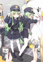 Rule 34 | 1other, 4girls, absurdres, belt, black belt, black footwear, black hat, black jacket, black pantyhose, black shorts, black skirt, black tail, blue archive, blush, cardigan, cellphone, closed mouth, demon tail, double v, fang, gloves, green hair, green halo, halo, hat, hifumi (blue archive), hikari (blue archive), nozomi (blue archive), highres, holding, holding phone, jacket, light brown hair, long hair, long sleeves, low twintails, multiple girls, open mouth, pantyhose, peaked cap, peroro (blue archive), phone, pleated skirt, pointy ears, shoes, shorts, sidelocks, skin fang, skirt, smartphone, tail, twintails, v, white cardigan, white gloves, white pantyhose, yellow eyes, yellow halo, yukie (kusaka shi)
