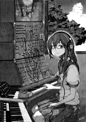 Rule 34 | 1girl, feet out of frame, glasses, greyscale, hairband, headphones, highres, ifs (sakagami syu), instrument, kantai collection, keyboard (instrument), long hair, monochrome, ooyodo (kancolle), sailor collar, school uniform, serafuku, sitting, solo, synthesizer, takao (kancolle), tree