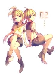 Rule 34 | 1boy, 1girl, belt, blonde hair, blue eyes, boots, brother and sister, hair ornament, hair ribbon, hairclip, highres, kagamine len, kagamine rin, looking at viewer, looking back, neckerchief, ribbon, shirt, short sleeves, short twintails, shorts, siblings, smile, tidsean, twintails, vocaloid, wrist cuffs