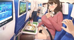 Rule 34 | airplane interior, bento, breasts, brown hair, clothes lift, cup, curvy, disposable cup, excessive pubic hair, exhibitionism, female pervert, female pubic hair, finger to mouth, flashing, food, glasses, highres, huge breasts, large breasts, lifting own clothes, masturbation, original, panties, panty pull, pervert, plump, pov, pubic hair, public indecency, public masturbation, pussy, ryokucha michi, shushing, sitting, skirt, skirt lift, thighhighs, tray, underwear