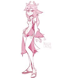 Rule 34 | 1girl, animal ears, artist name, banilla, cartoonized, commentary, detached sleeves, dress, earrings, english commentary, flower, fox ears, full body, genshin impact, halterneck, highres, jewelry, long hair, long legs, looking to the side, pink theme, sandals, smile, socks, solo, standing, toon (style), very long hair, yae miko