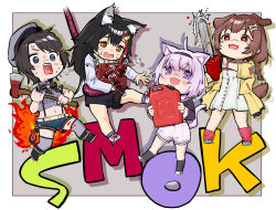 Rule 34 | 4girls, :d, ahoge, animal ear fluff, animal ears, axe, beret, black hair, blue eyes, bone hair ornament, brown eyes, brown hair, cat ears, cat tail, chainsaw, chibi, commentary request, dog ears, dog tail, dress, fire, fire axe, full body, gas can, grey legwear, hair ornament, hairband, hat, hololive, inugami korone, inugami korone (1st costume), left 4 dead, left 4 dead 2, leg warmers, long hair, long sleeves, midriff, multicolored hair, multiple girls, navel, nekomata okayu, nekomata okayu (casual), ookami mio, ookami mio (casual), oozora subaru, oozora subaru (work), open mouth, purple eyes, purple hair, red hair, shirt, short hair, shorts, sleeveless, sleeveless shirt, smile, smoker (left 4 dead), soda bottle, square mouth, standing, streaked hair, suspenders, tail, takuji yuusaku, tentacles, thighhighs, virtual youtuber, white dress, wolf ears