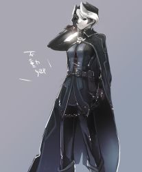 Rule 34 | 1girl, black cape, black eyes, black footwear, black gloves, black hair, black jacket, black pants, boots, cape, chain, commentary request, feet out of frame, gloves, grey background, hair between eyes, hand over eye, highres, jacket, looking at viewer, made in abyss, ozen, pants, piko (0 ppqq 0), simple background, solo, standing, translation request, white hair