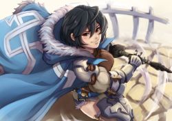 Rule 34 | 1girl, absurdres, armor, belt, black gloves, black hair, caiman pool, cape, celliera, coat, dragalia lost, fighting stance, gauntlets, gloves, highres, holding, holding weapon, orange eyes, short hair, short shorts, shorts, smile, solo, sword, thighhighs, weapon