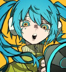 Rule 34 | 1girl, aqua eyes, chappii (paon gunsou), earmuffs, eyelashes, facial mark, green jacket, hair between eyes, hatsune miku, highres, holding, holding megaphone, jacket, long hair, looking at viewer, matryoshka (vocaloid), megaphone, multicolored eyes, open mouth, orange background, simple background, solo, track jacket, twintails, upper body, vocaloid, zipper pull tab