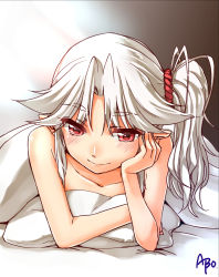 Rule 34 | 1girl, abo (hechouchou), arm support, artist name, bed sheet, daitengu (abo), hand on own cheek, hand on own face, lord tenma (touhou), mask, nude, original, pillow, pointy ears, red eyes, side ponytail, smile, solo, tengu mask, touhou, white hair