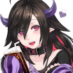 Rule 34 | 1girl, :d, ahoge, belt buckle, belt collar, black collar, black hair, black shirt, bubble, buckle, coke, collar, collarbone, commentary, cup, demon girl, demon horns, drinking glass, drinking straw, fang, hair between eyes, hair flaps, hand up, head tilt, heart, holding, holding cup, holding drinking glass, horns, ice, long hair, looking at viewer, multicolored hair, nijisanji, open mouth, pale skin, parted bangs, pointy ears, portrait, purple shirt, red eyes, red hair, ringed eyes, shirt, shu-mai, simple background, sleeves past fingers, sleeves past wrists, smile, solo, striped clothes, striped shirt, torn clothes, torn shirt, two-tone hair, virtual youtuber, white background, yamiyono moruru