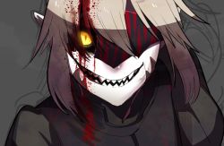 Rule 34 | 1girl, artoria pendragon (all), artoria pendragon (fate), blonde hair, blood, blood on clothes, blood on face, blood on teeth, broken mask, crazy eyes, crazy smile, eyes in shadow, fate/grand order, fate (series), glasgow smile, glowing, grey background, mask, pointy ears, saber (fate), saber alter, sharp teeth, simple background, slit pupils, smile, solo, takatsuki nato, teeth, yellow eyes