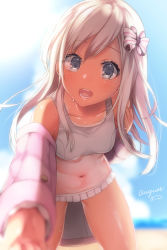 Rule 34 | 1girl, alternate costume, bikini, blurry, breasts, day, depth of field, grey eyes, hair ribbon, jacket, kantai collection, leaning forward, long hair, looking at viewer, medium breasts, nontraditional school swimsuit, one-piece tan, open mouth, outstretched hand, pink jacket, ribbon, ro-500 (kancolle), sakiryo kanna, school swimsuit, signature, silver hair, sky, smile, solo, sweat, swimsuit, tan, tanline, white bikini