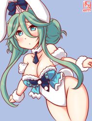 Rule 34 | 1girl, alternate hairstyle, animal ears, artist logo, bicute bunnies miku, bicute bunnies miku (cosplay), black necktie, bow, breasts, bunny day, cinnamiku, cleavage, color connection, commentary request, cosplay, cowboy shot, dated, detached collar, ear bow, green eyes, green hair, hair between eyes, hair color connection, hatsune miku, kanon (kurogane knights), kantai collection, large breasts, leotard, long hair, looking at viewer, necktie, one-hour drawing challenge, parted bangs, playboy bunny, rabbit ears, scrunchie, sidelocks, solo, vocaloid, white leotard, yamakaze (kancolle)