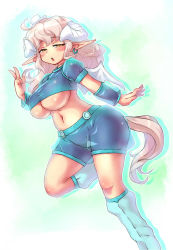 Rule 34 | 1girl, ahoge, belly, boots, breasts, earrings, hat, hip focus, horns, jewelry, large breasts, long hair, looking at viewer, navel, original, personification, pointy ears, sankuma, solo, tail, underboob, v, white hair, wide hips, wings, yellow eyes