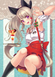 Rule 34 | 1girl, :d, armpits, bare shoulders, black bow, black socks, blush, bow, breasts, cherry, convenient leg, detached collar, detached sleeves, fang, food, fruit, hair bow, highres, holding, holding tray, large breasts, looking at viewer, noname (metaldragonfly), open mouth, original, parfait, ponytail, puffy short sleeves, puffy sleeves, purple hair, red skirt, short sleeves, silver hair, sitting, skirt, smile, socks, solo, suspender skirt, suspenders, tail, tray, wristband